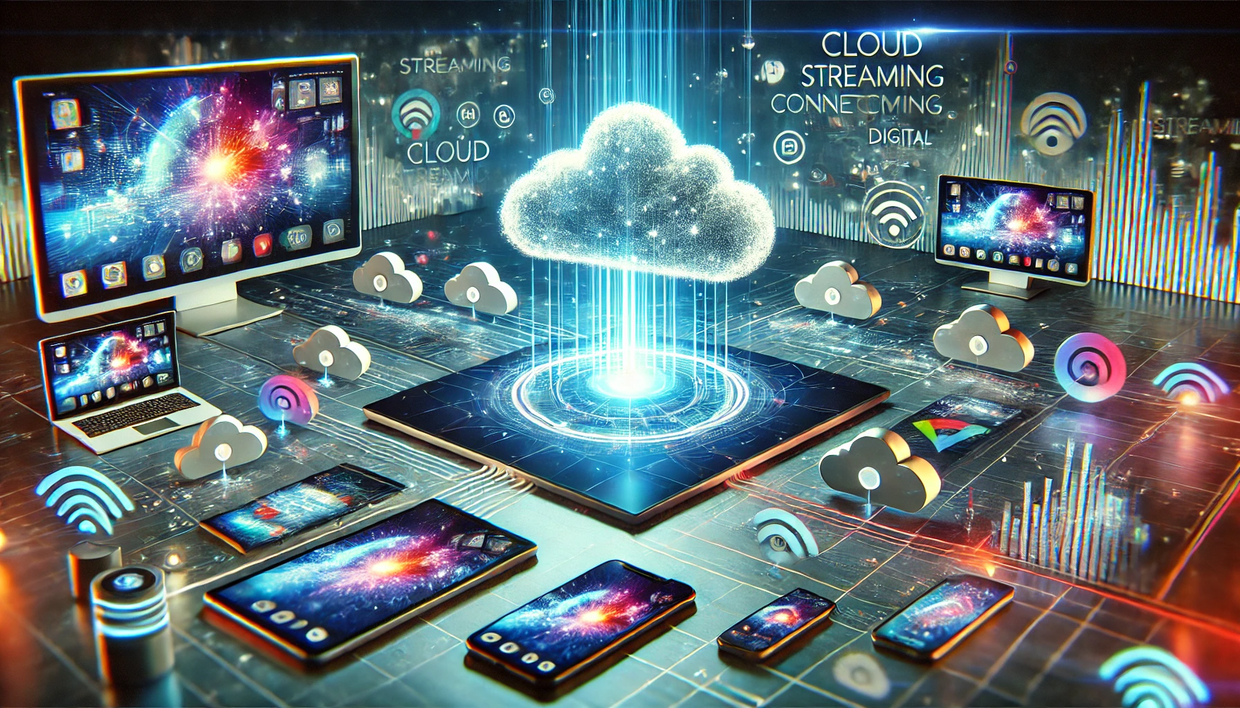 DALL·E 2025 02 04 12.23.54 A futuristic vision of cloud streaming revolutionizing digital entertainment. The image features a vibrant digital landscape with holographic streamin